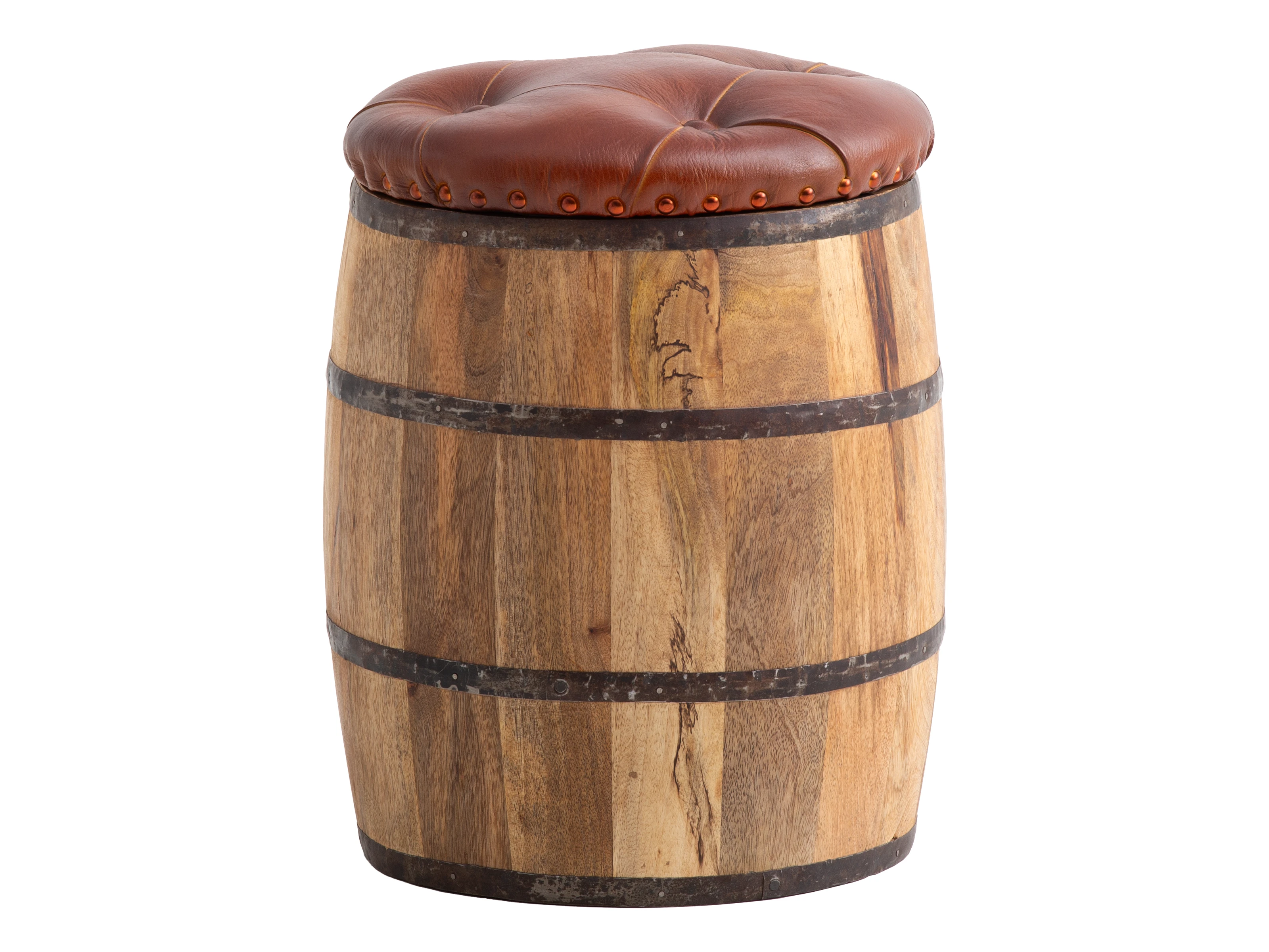 Holzfass Flip Sitzhocker Freisteller 45°-Ansicht: rustikales Mango-Holzfass mit braunem Lederpolster – vielseitiger Barhocker