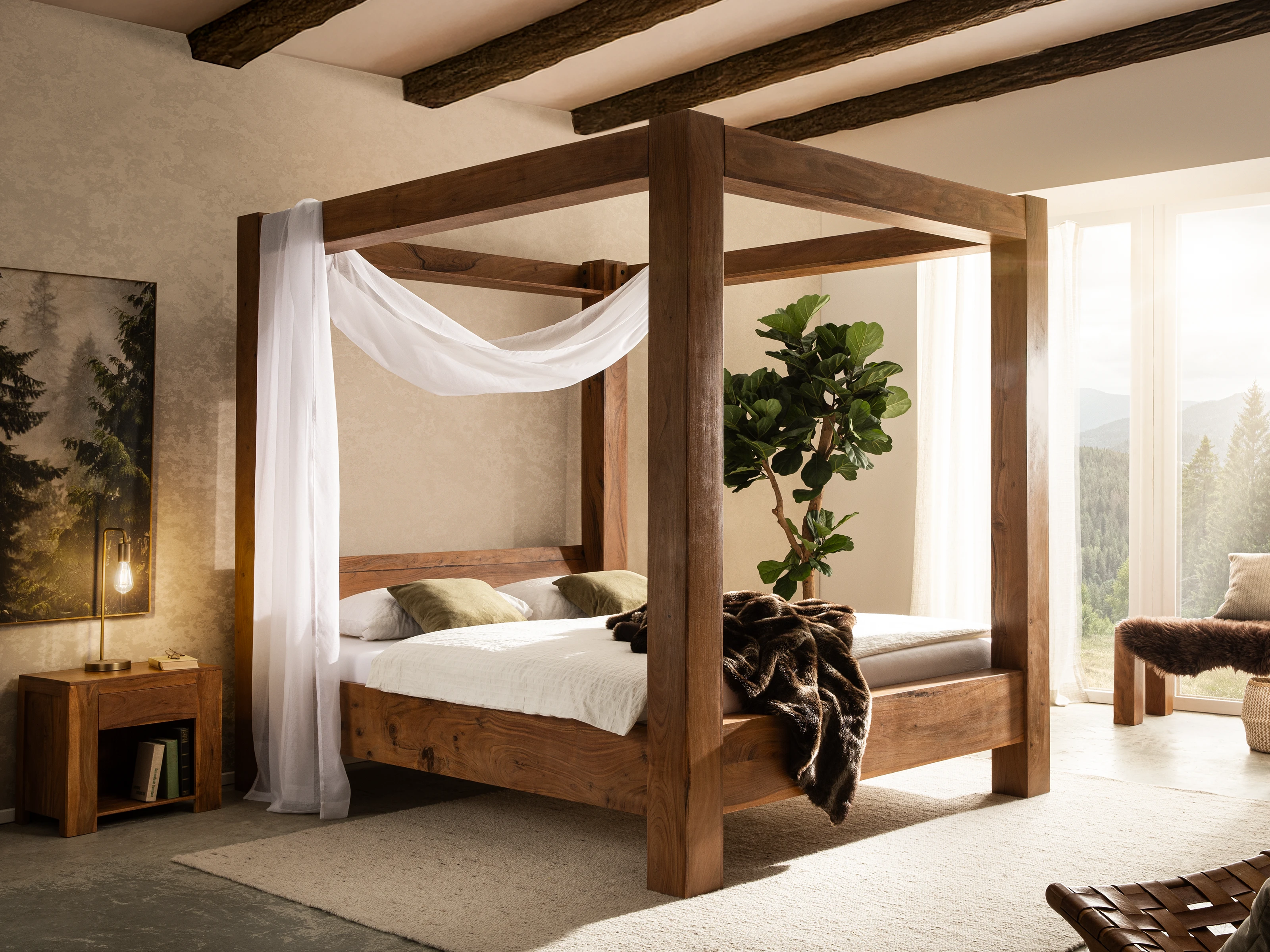 Ambienteaufnahme des Möbelstücks "Osbon" – modernes Massivholz-Design in warmem Wohnambiente mit klaren Linien, natürlichen Holz- und Grautönen.