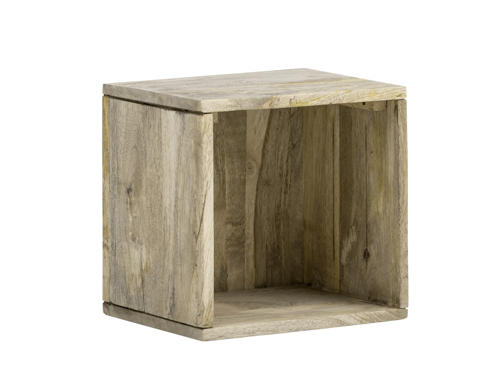 Freisteller geöffnete Frontansicht: Wandregal Alcudia aus lackiertem Mango-Holz (30×30×25 cm, natur) mit einem offenen Fach.