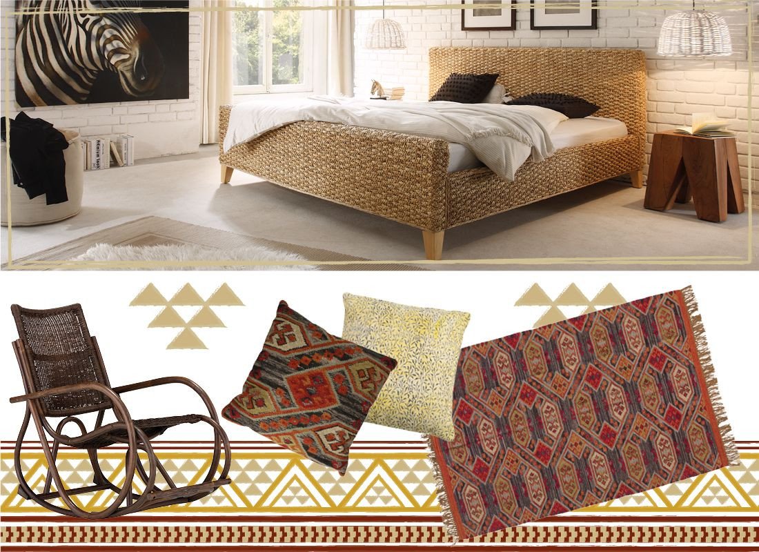 Safari-Wohnzimmer mit massiven Holzmöbeln, Leder-Sesseln, Rattan-Accessoires, üppigen Grünpflanzen und warmen Naturtönen