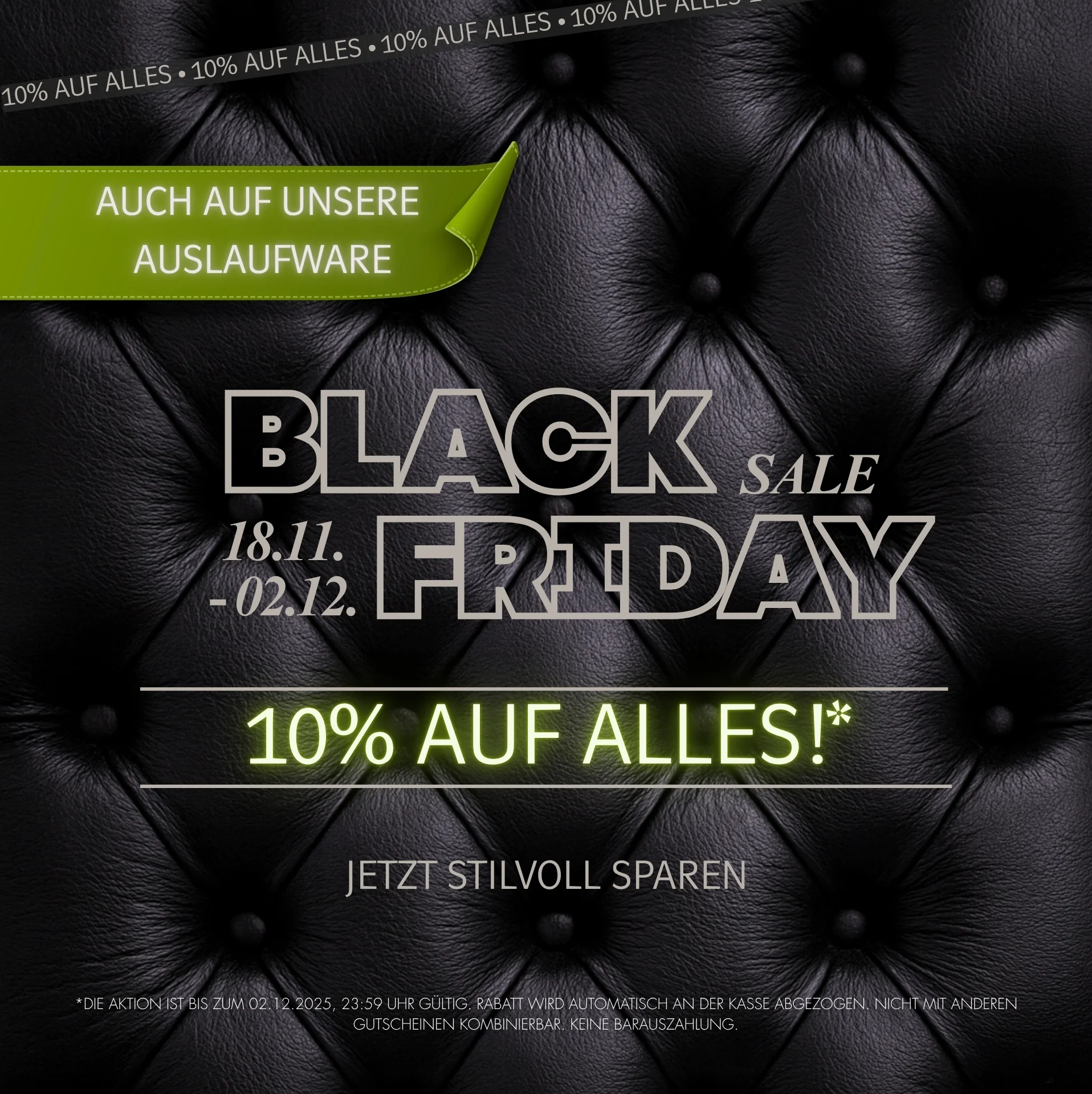 Black Friday Aktion Banner für Möbel: schwarzer Hintergrund, kontraststarker Schriftzug zu aktuellen Angeboten und Sale.