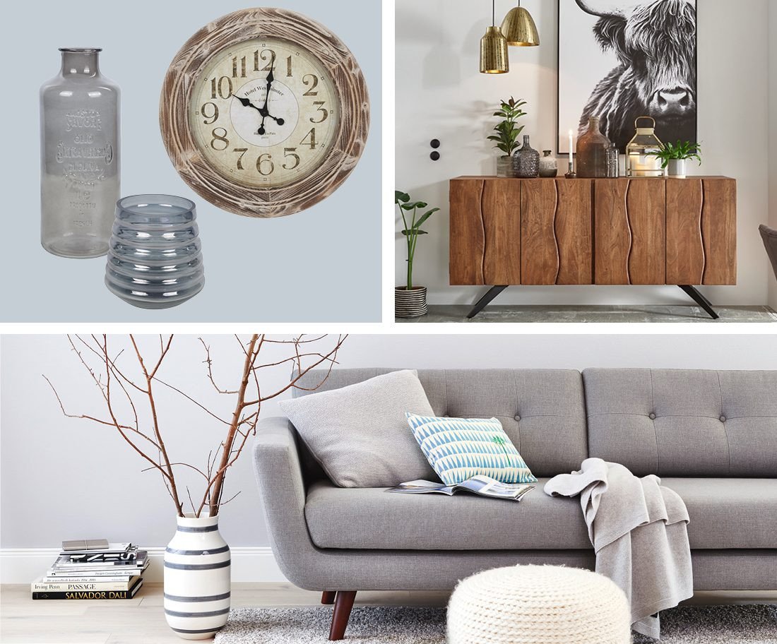 Skandinavisches Wohnzimmer mit hellem Holz, gemütlichem Sofa, Beistelltisch, Teppich und grünen Zimmerpflanzen in nordischer, minimalistischer Einrichtung