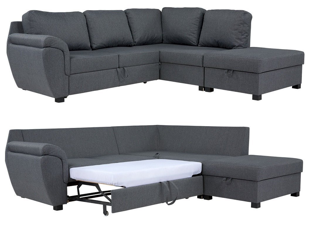 Ausziehbares Schlafsofa in grauem Stoff vor hellem Wohnzimmer, kompakte Liegefläche, platzsparend und modern
