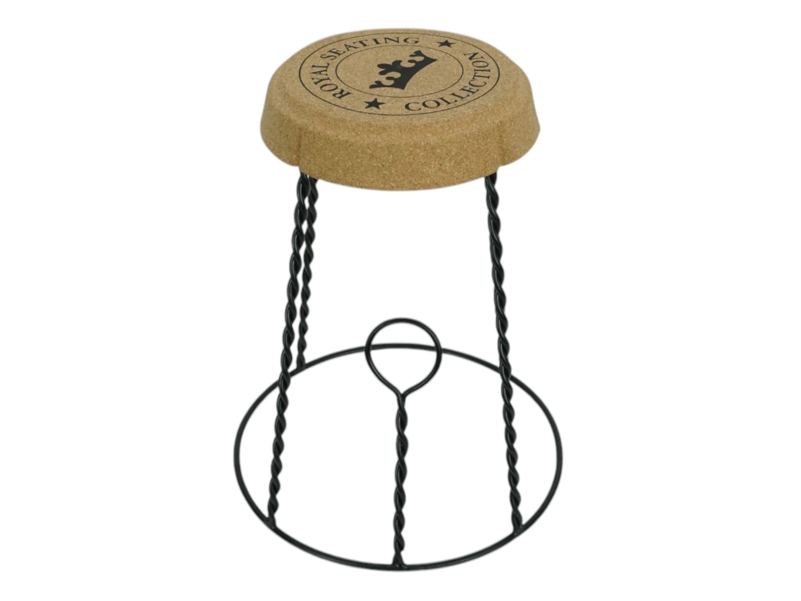 Freisteller-Frontansicht: Hocker Corkano mit rundem Korksitz (braun) auf gedrehtem Metallgestell und Ringfuß, Sitzhöhe 50 cm