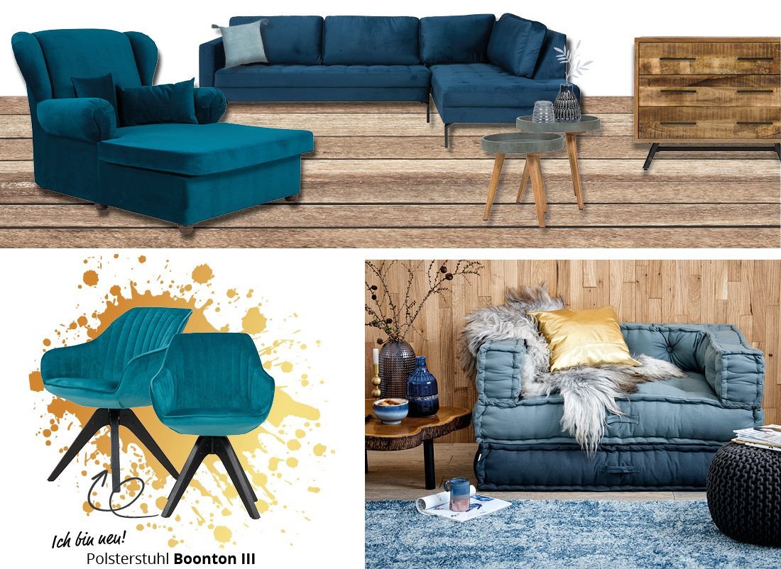 Modernes Wohnzimmer mit tiefblauer Couch, hellen Holz-Möbeln, Akzentkissen und warmem Licht — stilvolles Interieur