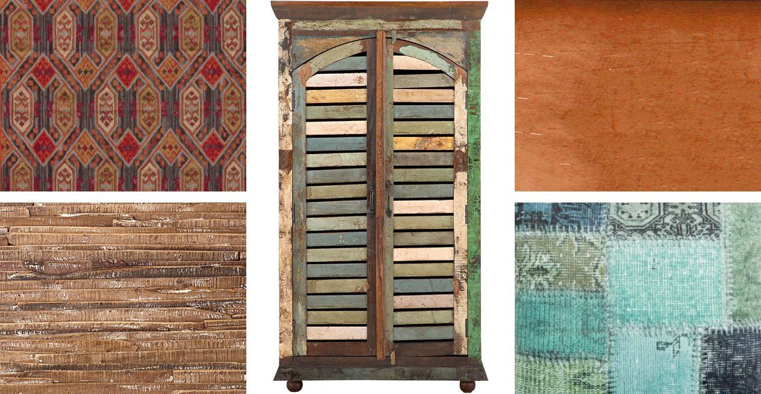 Collage: exotischer Wohnstil mit Rattan- und Holzmöbeln, üppigen Pflanzen, gemusterten Textilien und warmen Naturtönen