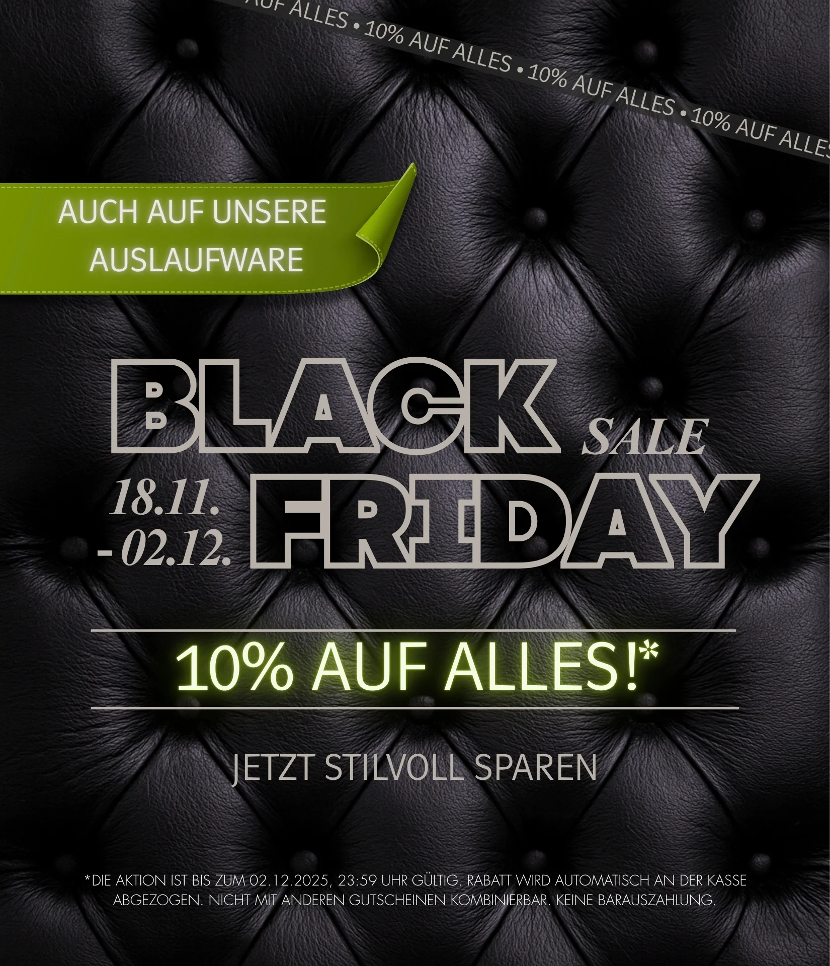 Black Friday Aktion Banner für Möbel: schwarzer Hintergrund, kontraststarker Schriftzug zu aktuellen Angeboten und Sale.