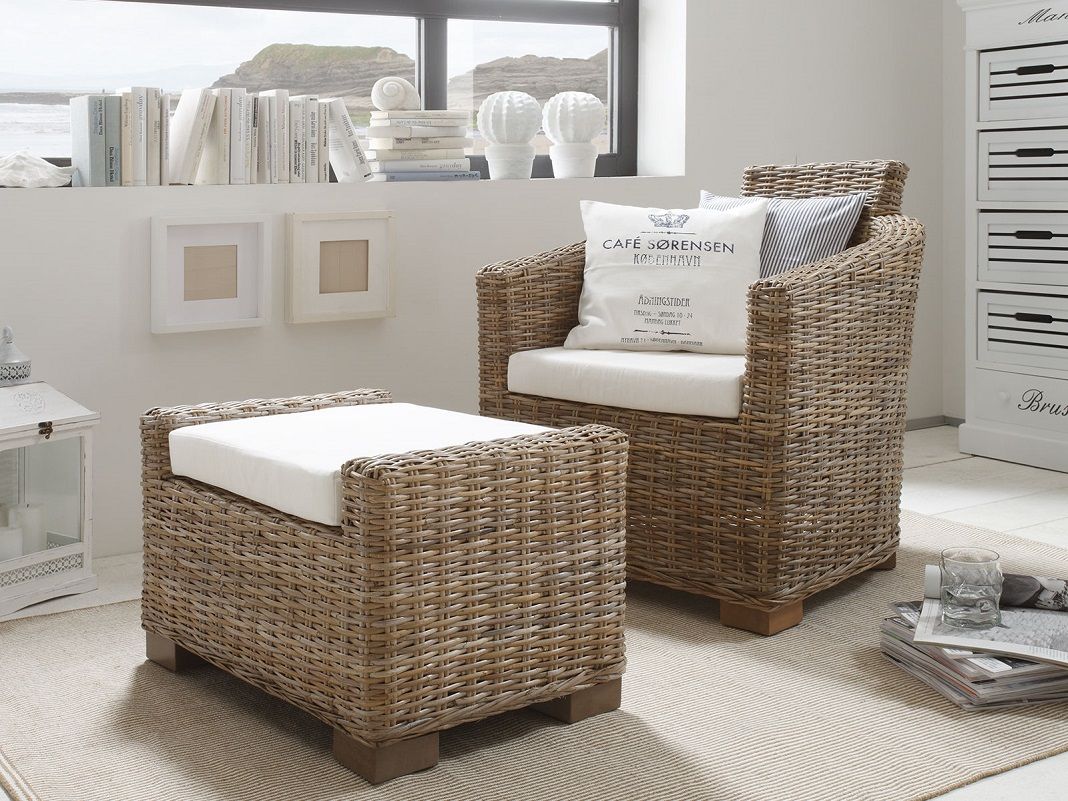 Grauer Geflechtsessel aus geflochtenem Rattan/Kunststoff, moderner Lounge- und Gartenstuhl für Wohnraum und Terrasse