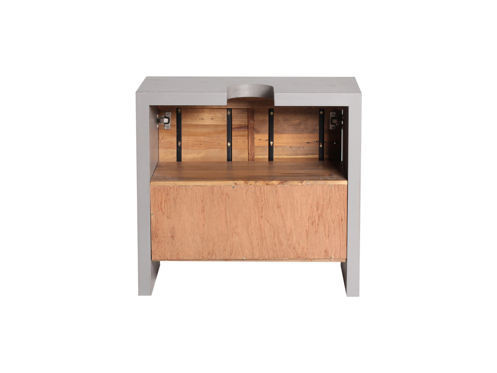 Freigestellte Frontansicht: offener grauer Bad-Unterschrank Burnham mit lackierter Front, Pinienholzfach und 2 Türen