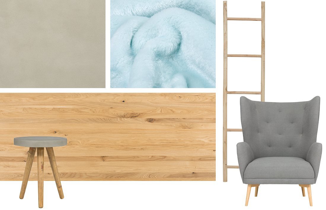 Collage skandinavischer Wohnstile: helle Hölzer, weiße Möbel, minimalistisches Design, gemütliche Textilien und Pflanzen.