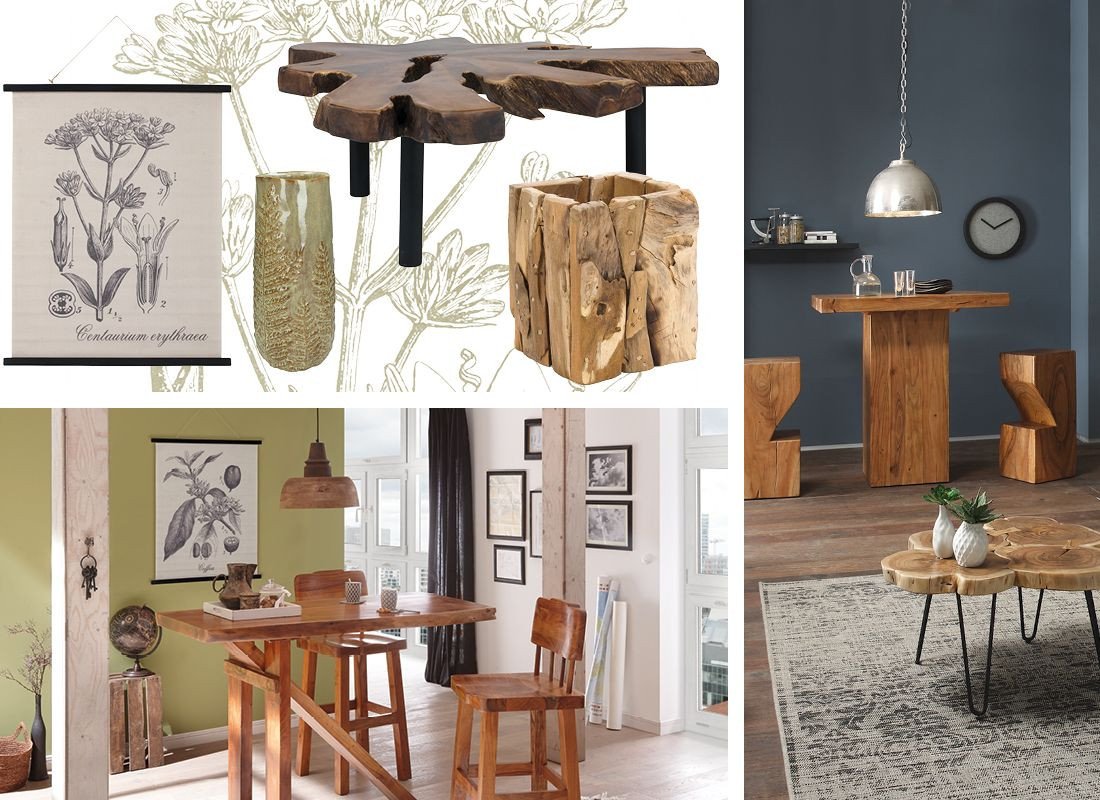 Naturinspiriertes Wohnzimmer mit massiven Holzmöbeln, Sideboard, Pflanzen, Leinentextilien und warmen, neutralen Farbtönen