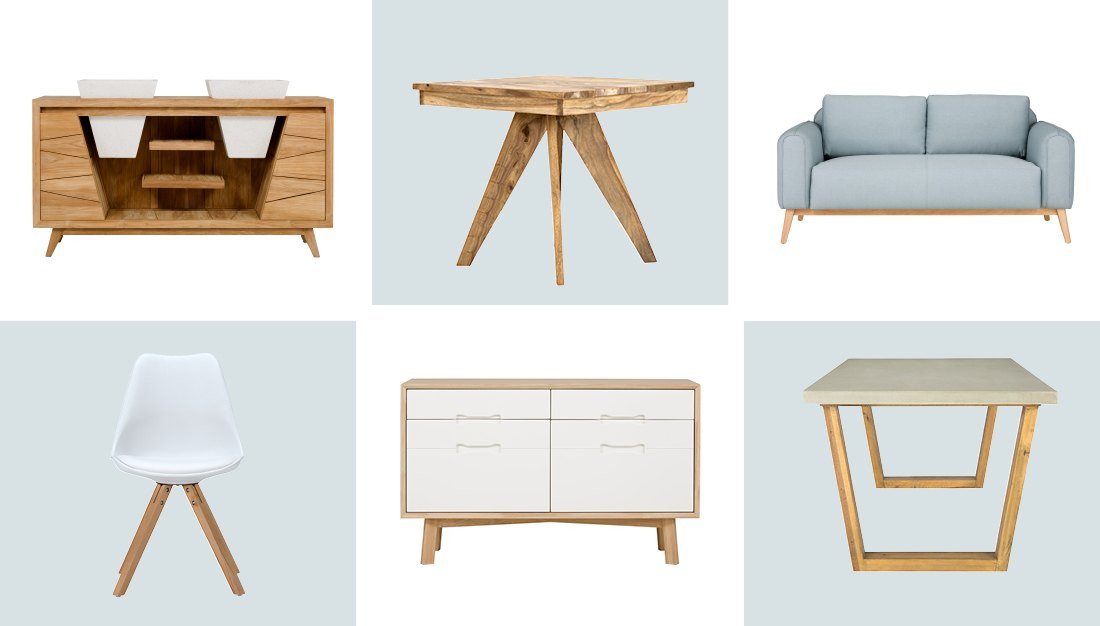 Skandinavische Wohnstil-Collage mit hellen Holzmöbeln, neutralen Farben, minimalistischem Interieur, Textilien und Pflanzen