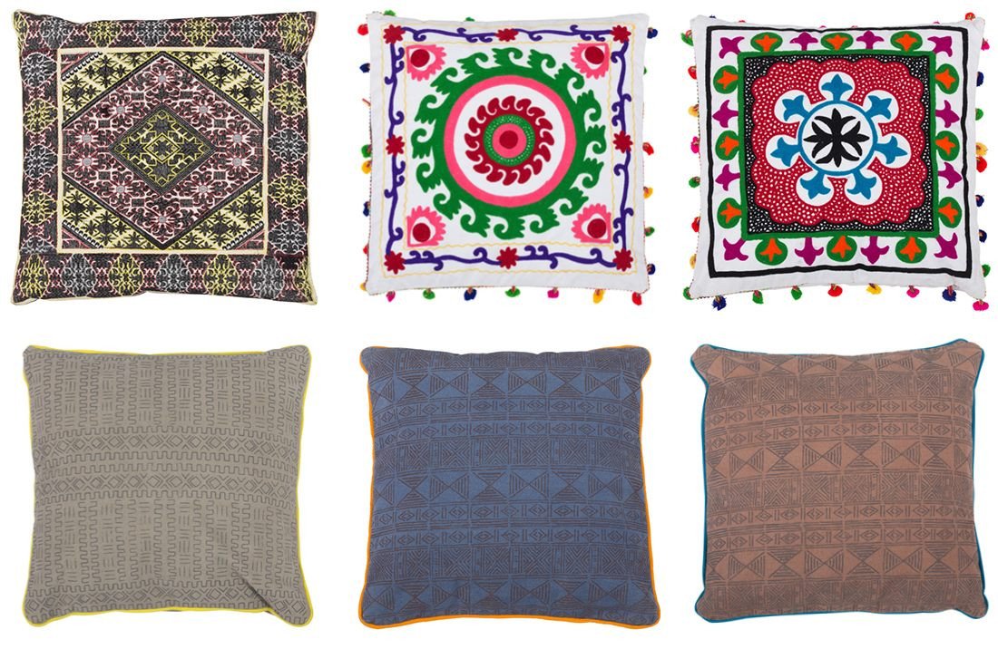 Collage im exotischen Wohnstil mit Naturholz- und Rattanmöbeln, üppigen Grünpflanzen, warmen Erdtönen und textilen Akzenten