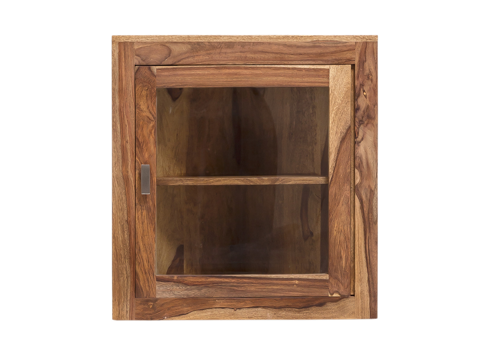 Freisteller-Frontansicht des Bad Eckhängeschranks Lagos aus lackiertem Palisanderholz (60×65×32 cm) mit rechts angeschlagener Glastür.