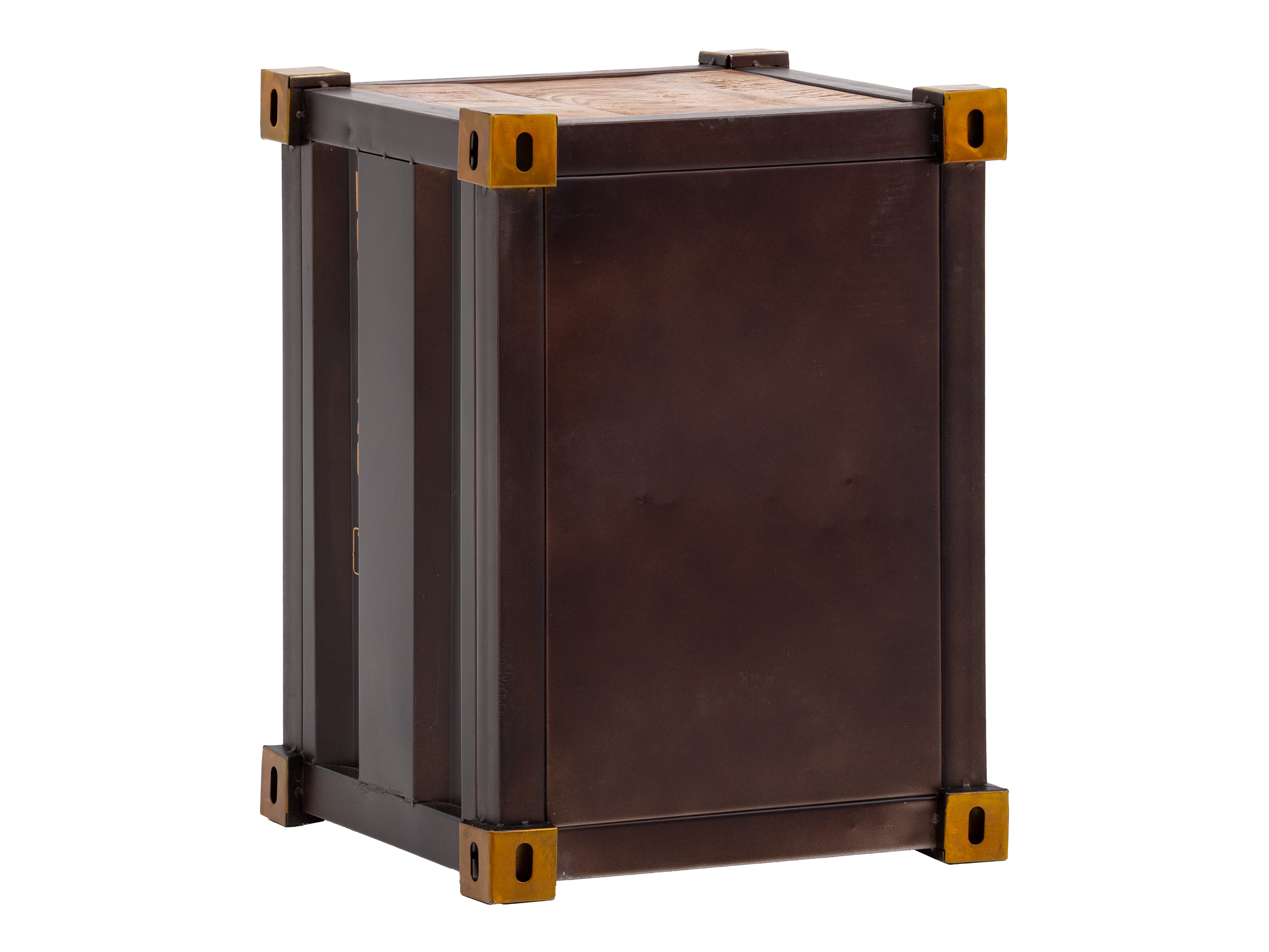 Beistelltisch Cargon – lackierter Mangoholz-Metallwürfel in Braun mit rechter Tür, Freisteller 45°-Ansicht (Front/Seite)