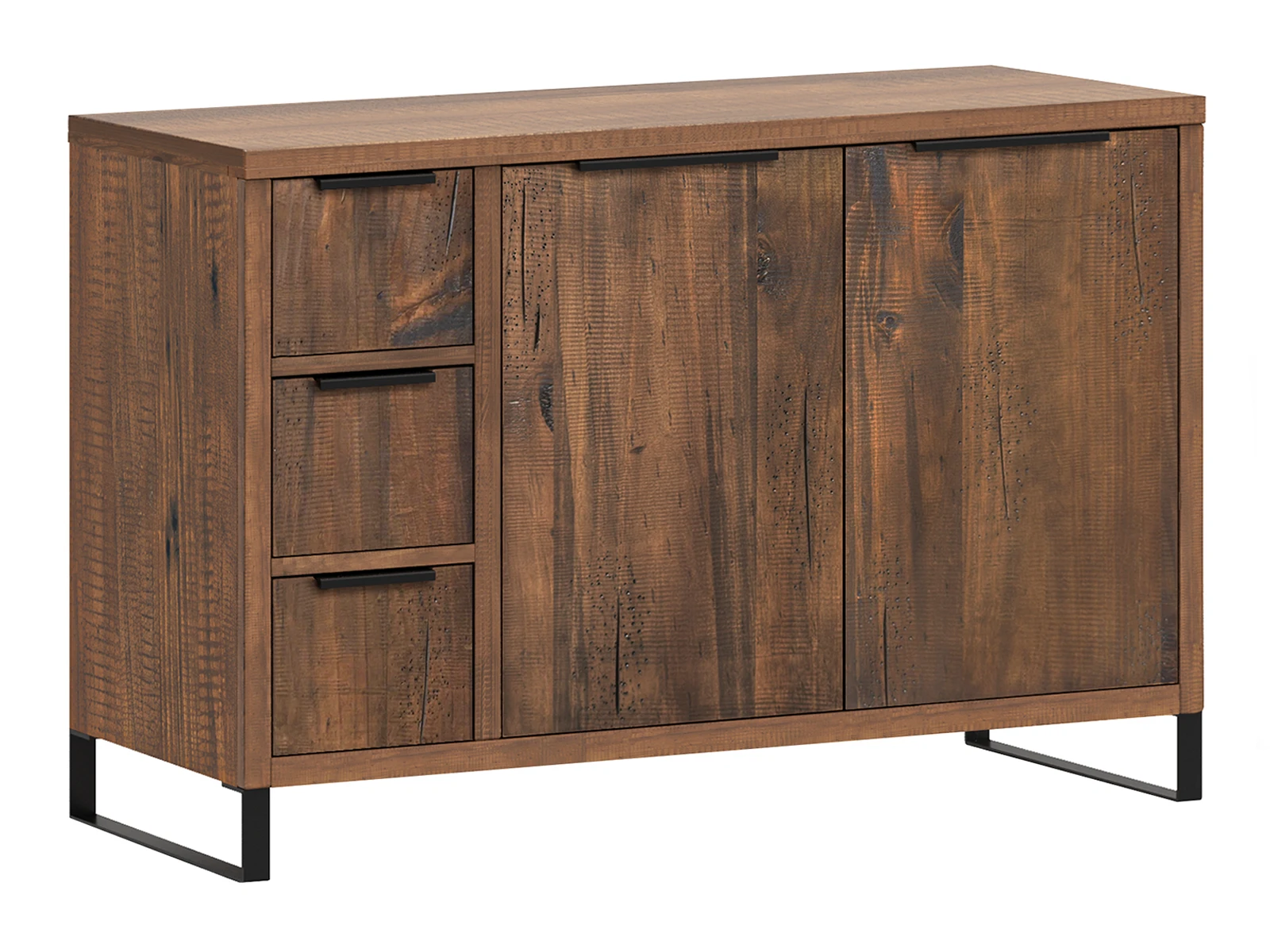 Freigestelltes Badset Sydney 2-tlg. Badmöbel-Unterschrank in dunkel lackierter Pinie – 2 Schubladen & Türen, braun, 45°-Ansicht.