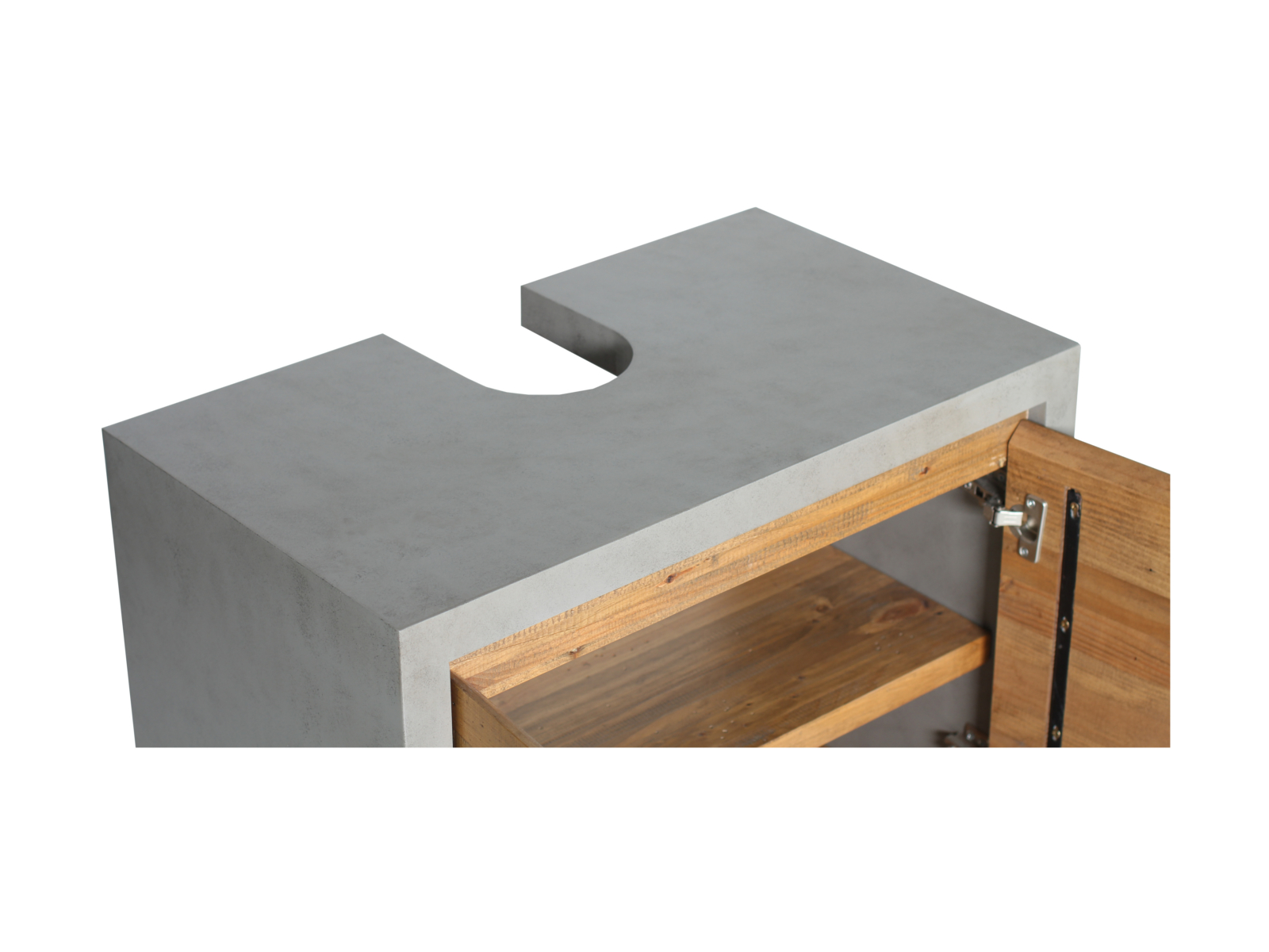 45°-Detailansicht: Badmöbel-Set Burnham grau (klein), offene Fronttür, Pinie/MDF-Oberfläche mit Waschtischausschnitt