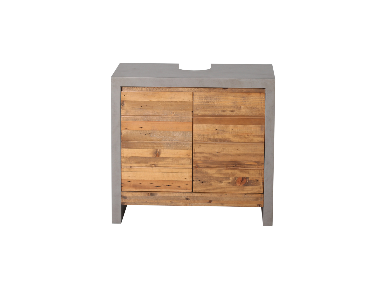 Waschbeckenunterschrank Burnham, freigestellte Frontansicht (70×66×40 cm), 2 Türen, recycelte Pinie/MDF, lackiert grau