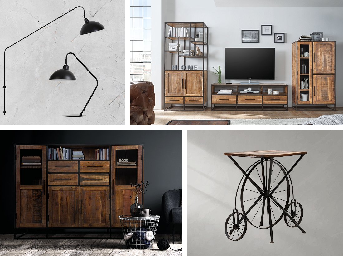 Industrie-Wohnstil mit Holz‑Metall-Möbeln in Loft-Atmosphäre, warme Holztöne und schwarze Metallakzente, urbaner Charme