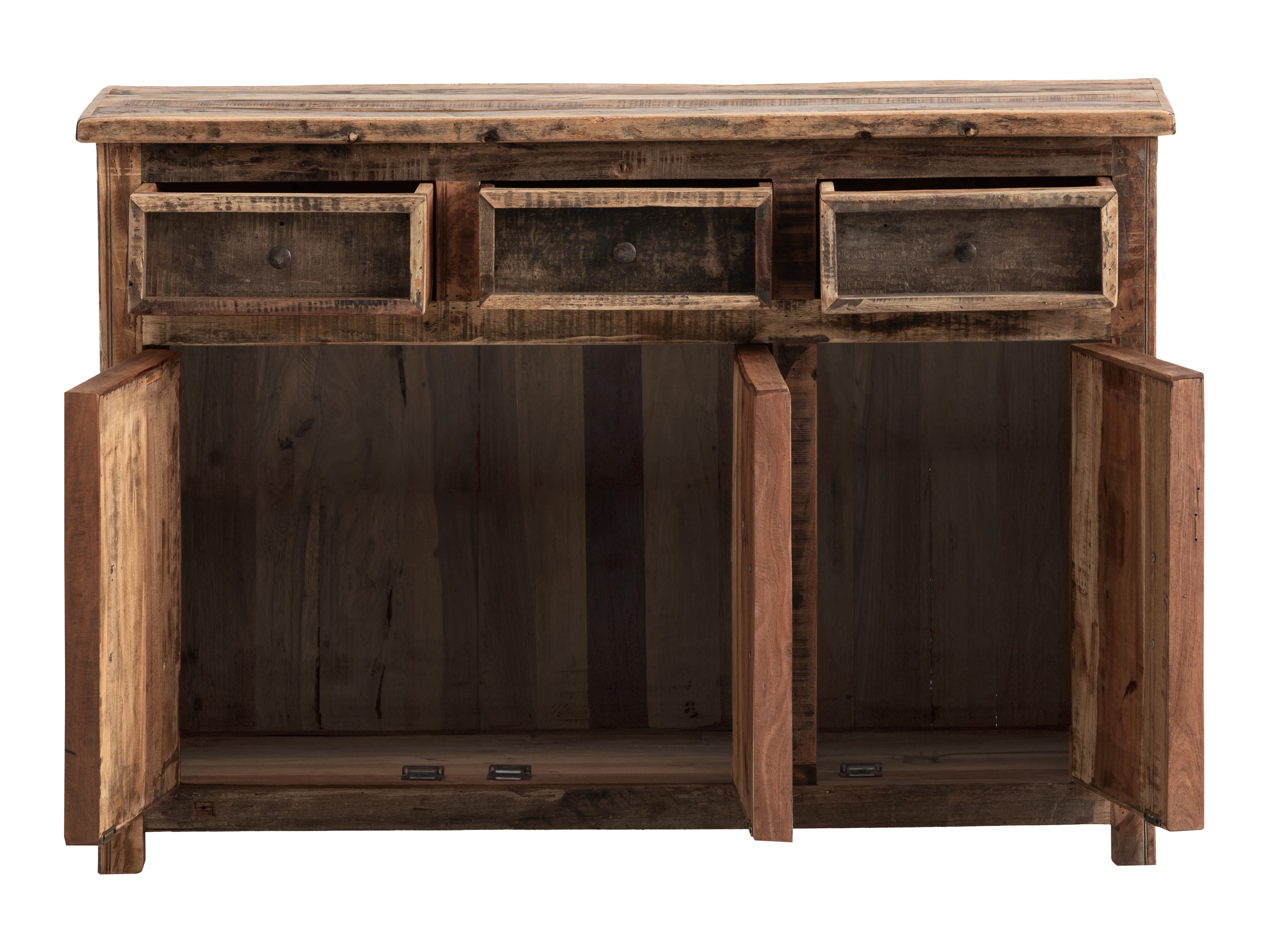 Freigestellte Frontansicht geöffnet: Sideboard Sumatra 3-türig aus braunem Altholz, 3 Schubladen, 3 Türen.