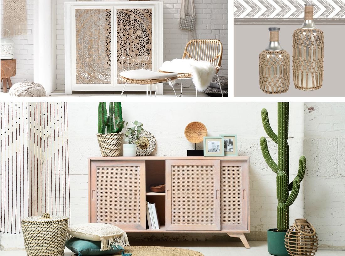 Helles Boho-Wohnzimmer in Weiß: gemütliches Sofa mit Kissen, Holz-Couchtisch, Rattan-Accessoires, Teppich und Pflanzen