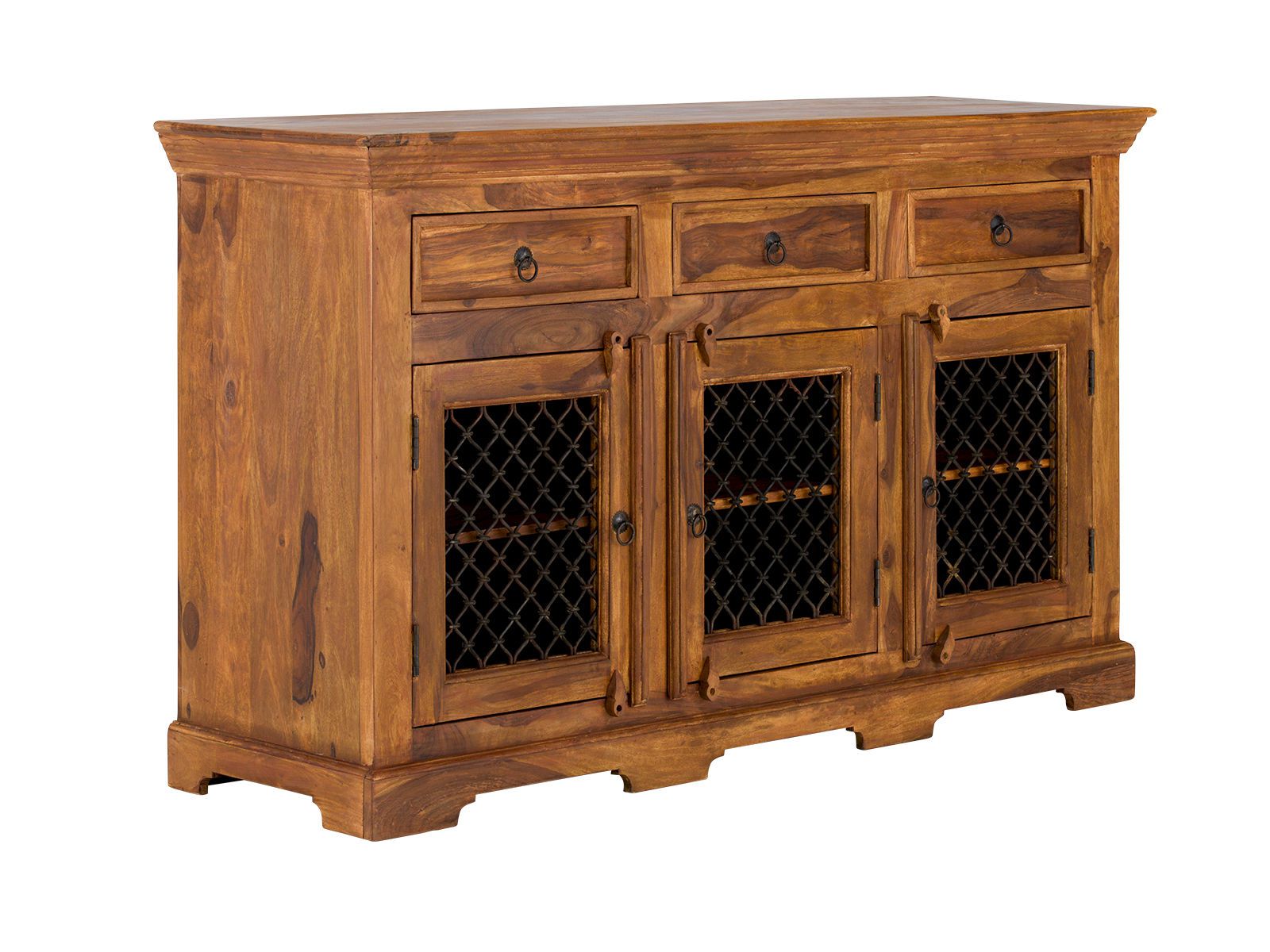 Freisteller: Sideboard Merlino 3-türig aus lackierter Akazie, 148×43×85?cm, 45°-Ansicht, braun, 3 Schubladen und Gittertüren
