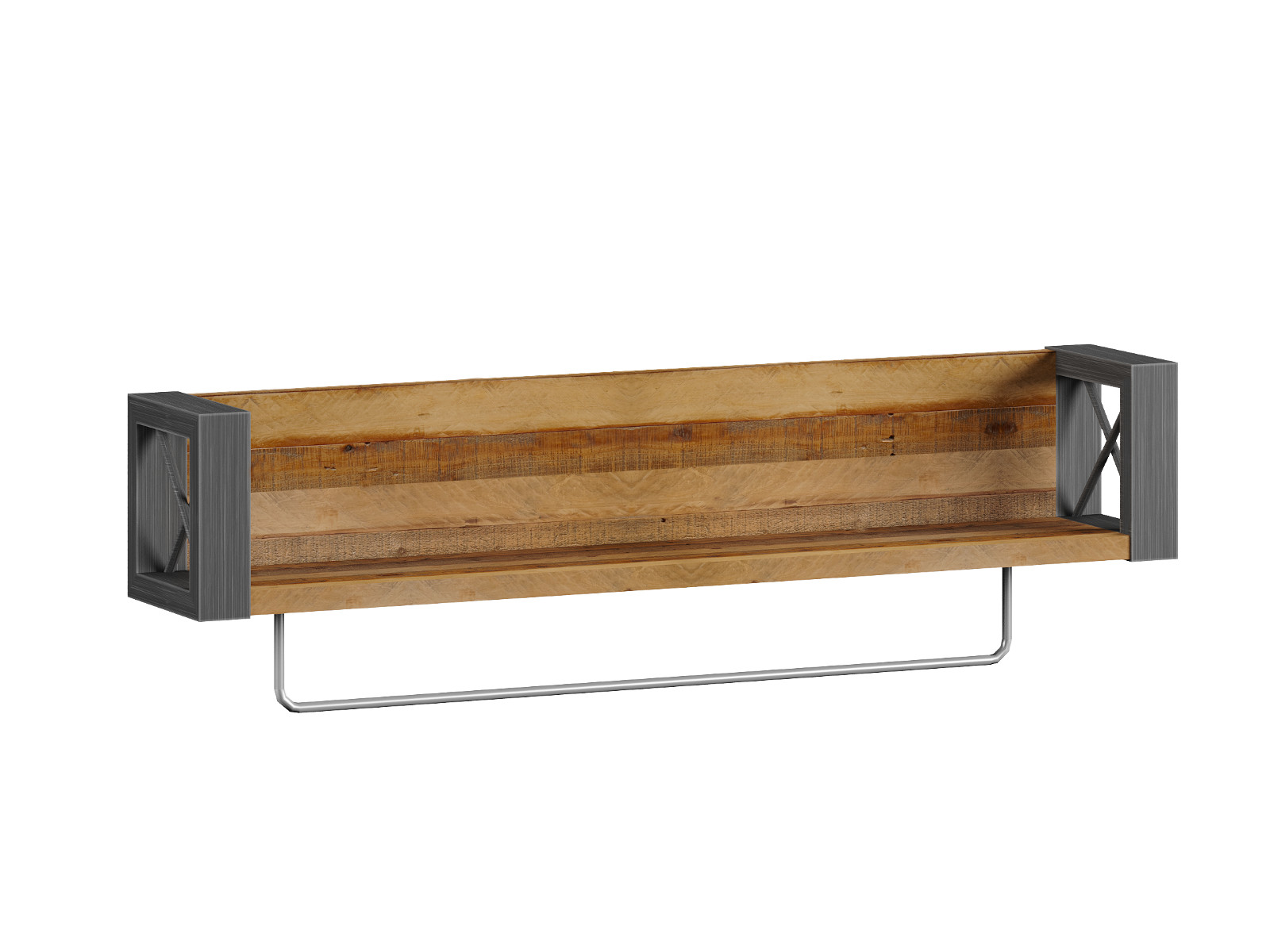 Handtuchhalter Detroit Freisteller 45°-Ansicht, 86×20×20 cm, braune lackierte Pinie, schwarzer Metallrahmen verchromte Stange