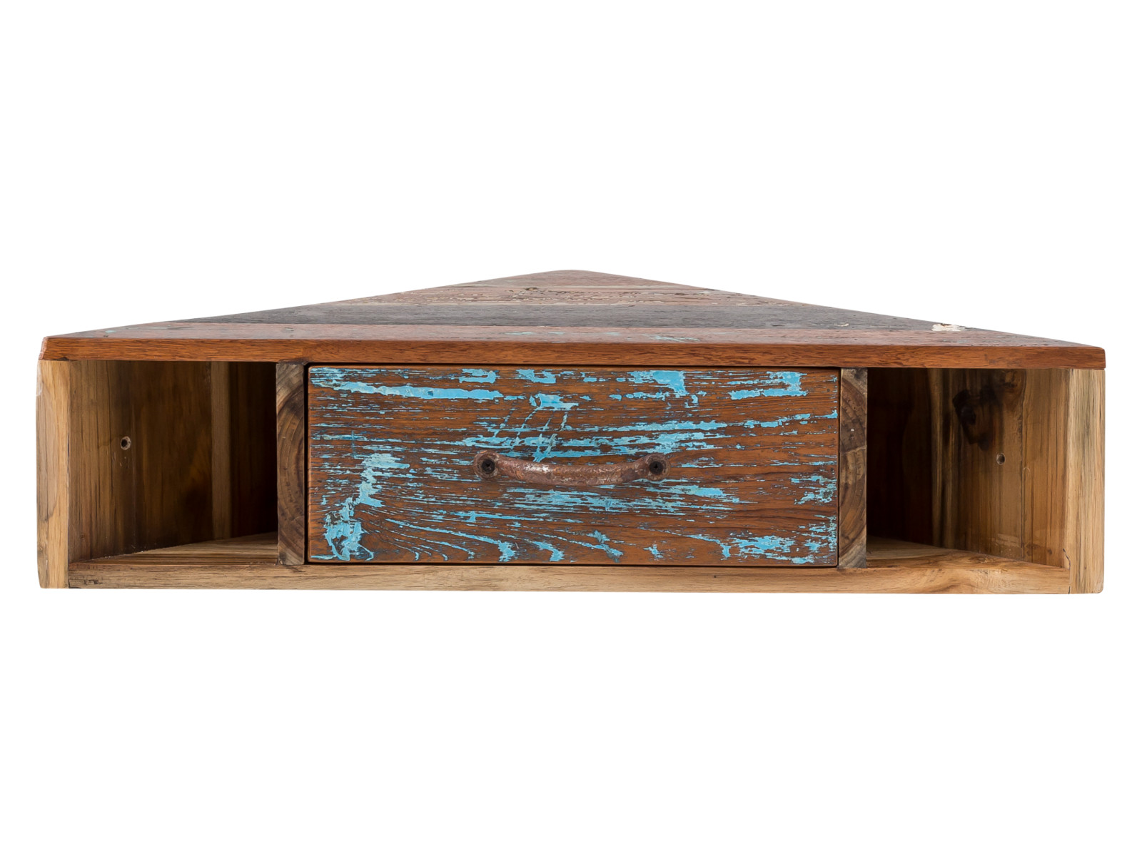 Eckregal Sumana Freisteller Frontansicht: lackiertes, braunes, recyceltes Hartholz-Eckregal mit 1 Schublade (63×18×30 cm)