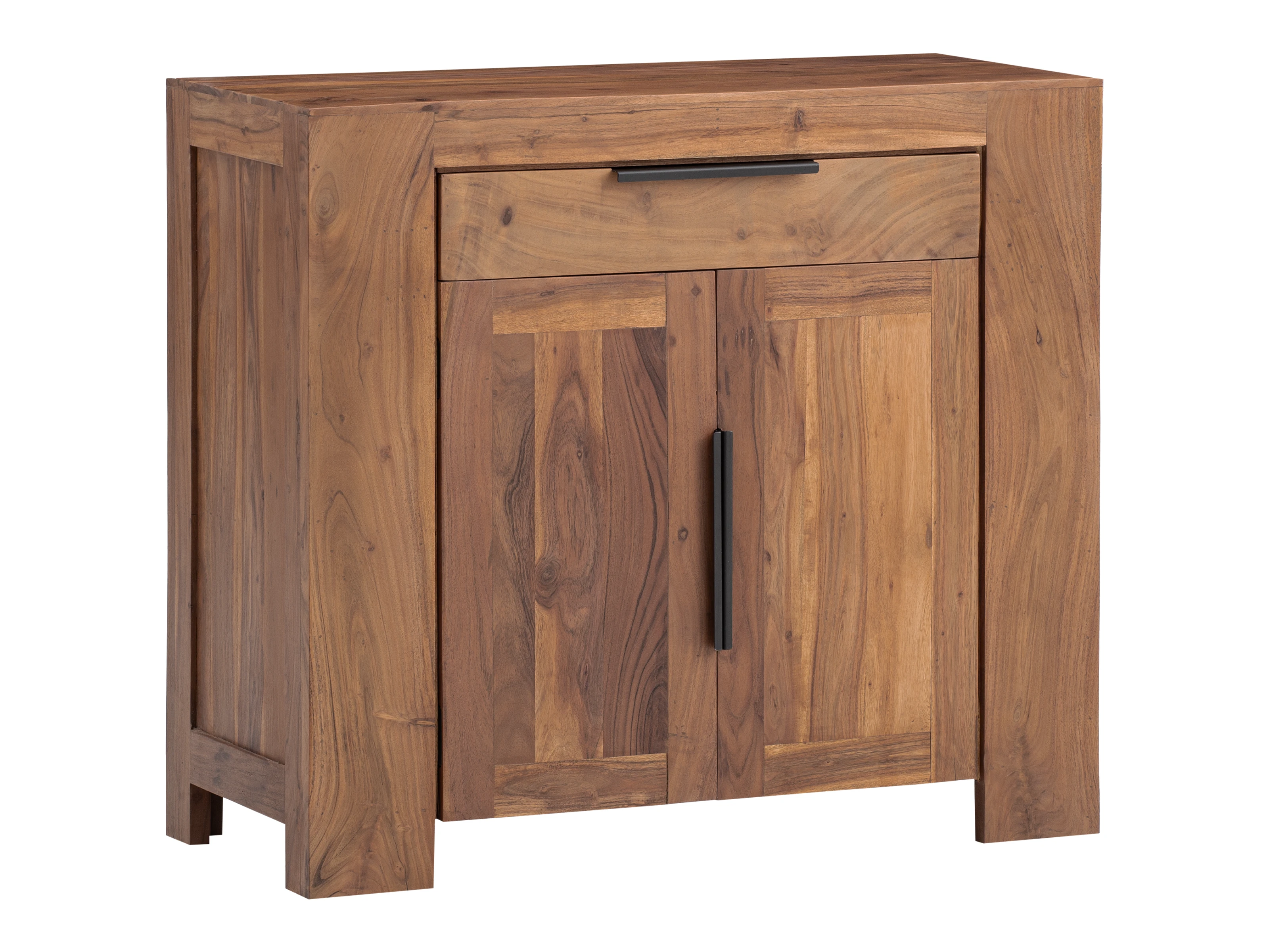 Braune Holzkommode "Osbon" aus lackierter Akazie, 100x90x45 cm, mit einer Schublade und zwei Türen, bietet stilvollen Stauraum in jedem Raum.