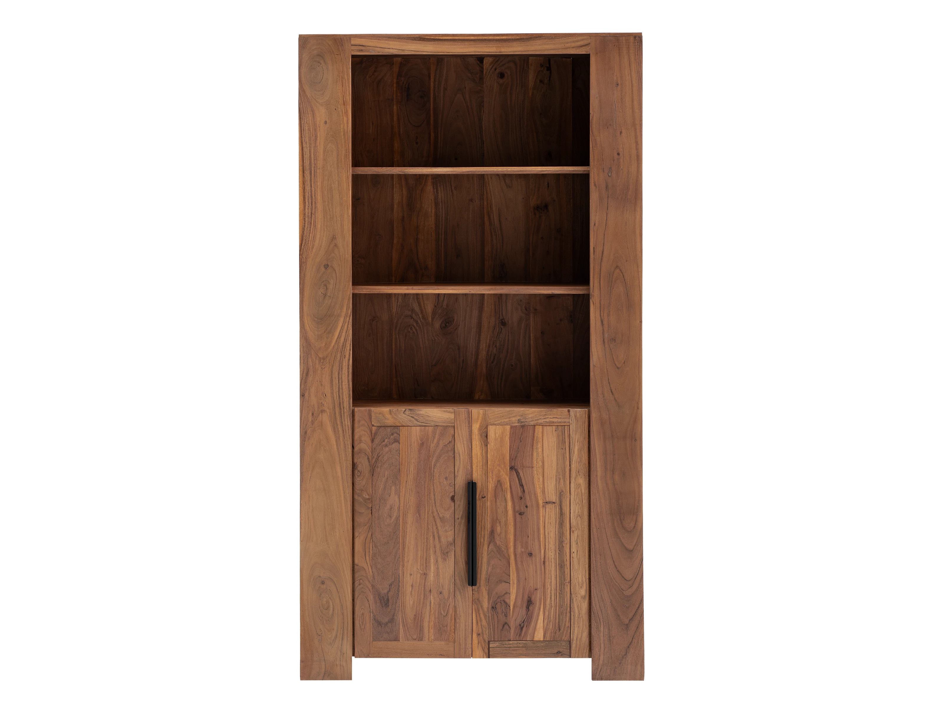 Freisteller Frontansicht Bücherregal Osbon aus lackierter Akazie (B100×H190×T40cm) mit 3 offenen Fächern und 2 Türen, braun