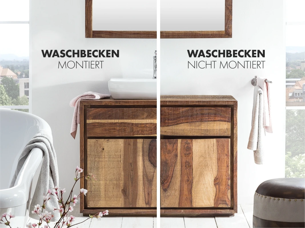 Montage eines modernen Waschtischs im hellen Badezimmer: Handwerker, Eichenunterschrank, Werkzeuge sichtbar