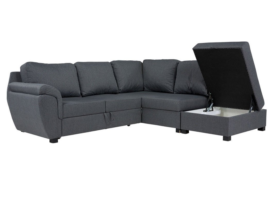 Moderne Polsterecke mit integriertem Bettkasten, grauer Stoffbezug und Stauraum – kompakte Eckcouch fürs Wohnzimmer