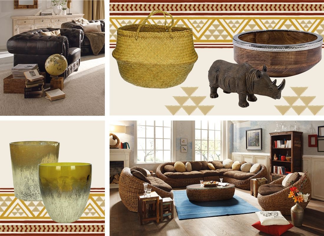 Safari-inspiriertes Wohnzimmer mit dunklem Holz, Leder- und Rattanakzenten, üppigen Zimmerpflanzen und warmen Naturtönen, gemütliche Atmosphäre