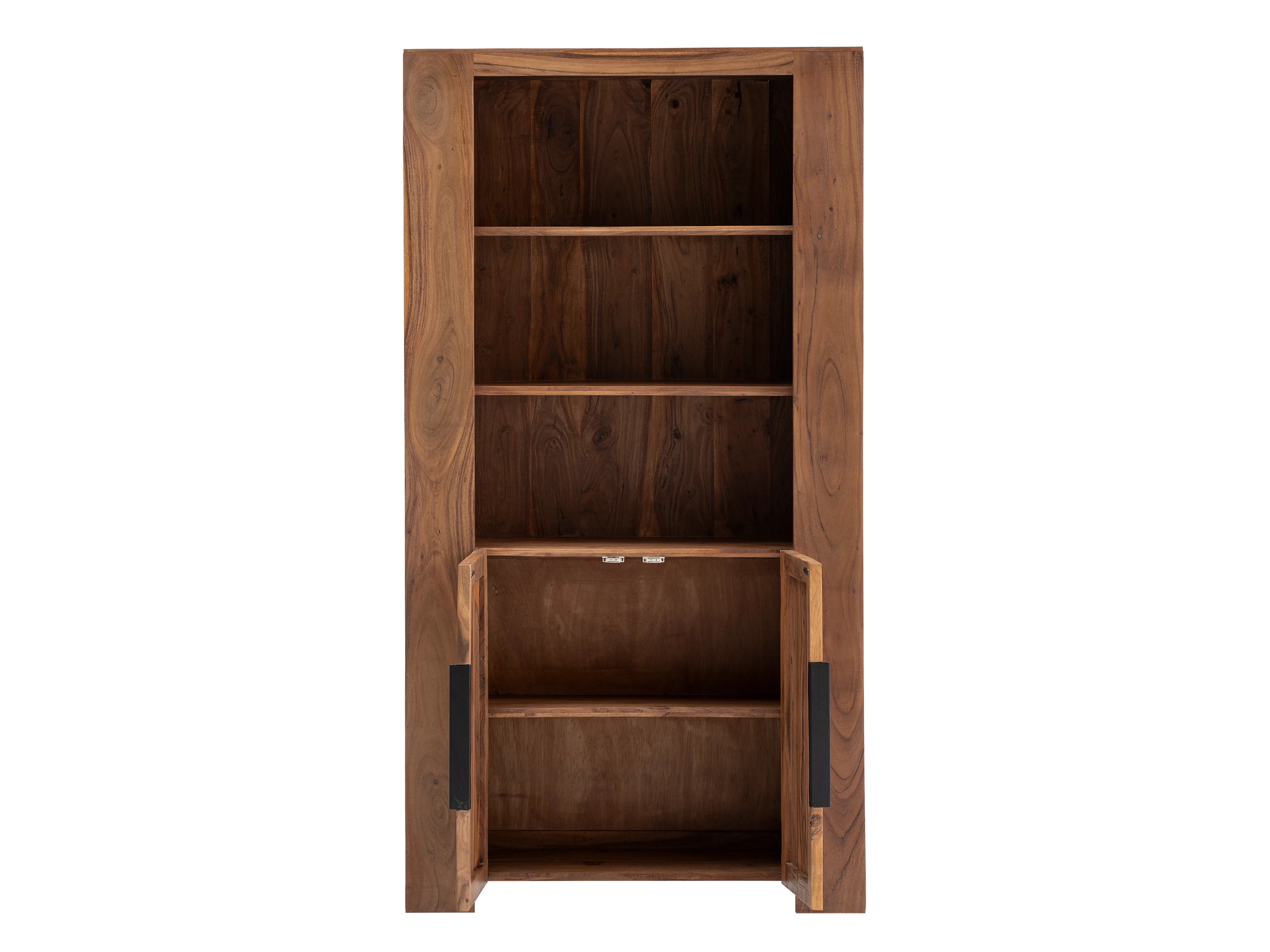 Bücherregal Osbon Freisteller Frontansicht geöffnet: 100×190×40?cm, lackiertes Akazienholz braun, 3 offene Fächer, 2 Türen.