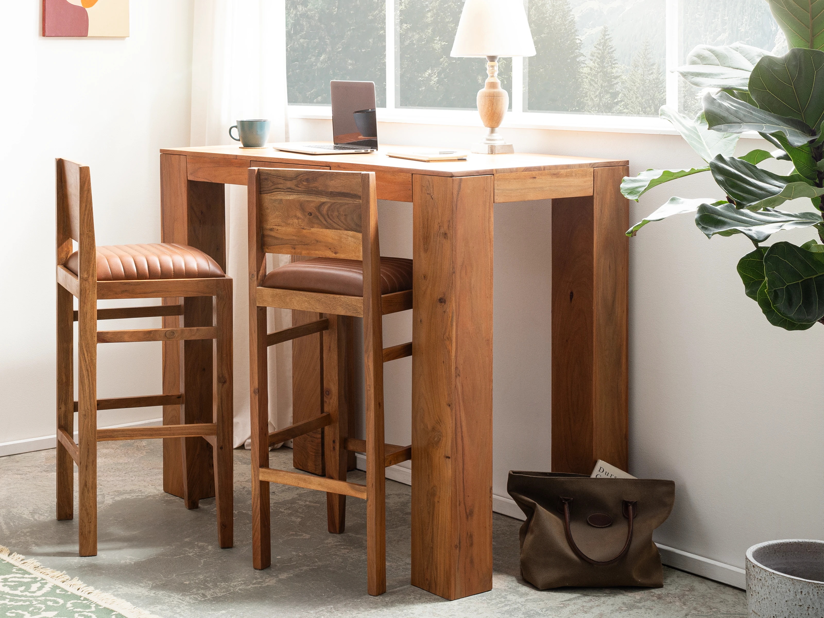 Osbon Bartisch aus massiver Holzplatte und schwarzem Metallgestell, hoher Bartisch im industriellen Stil, warmes Holzfinish für Bar oder Küche