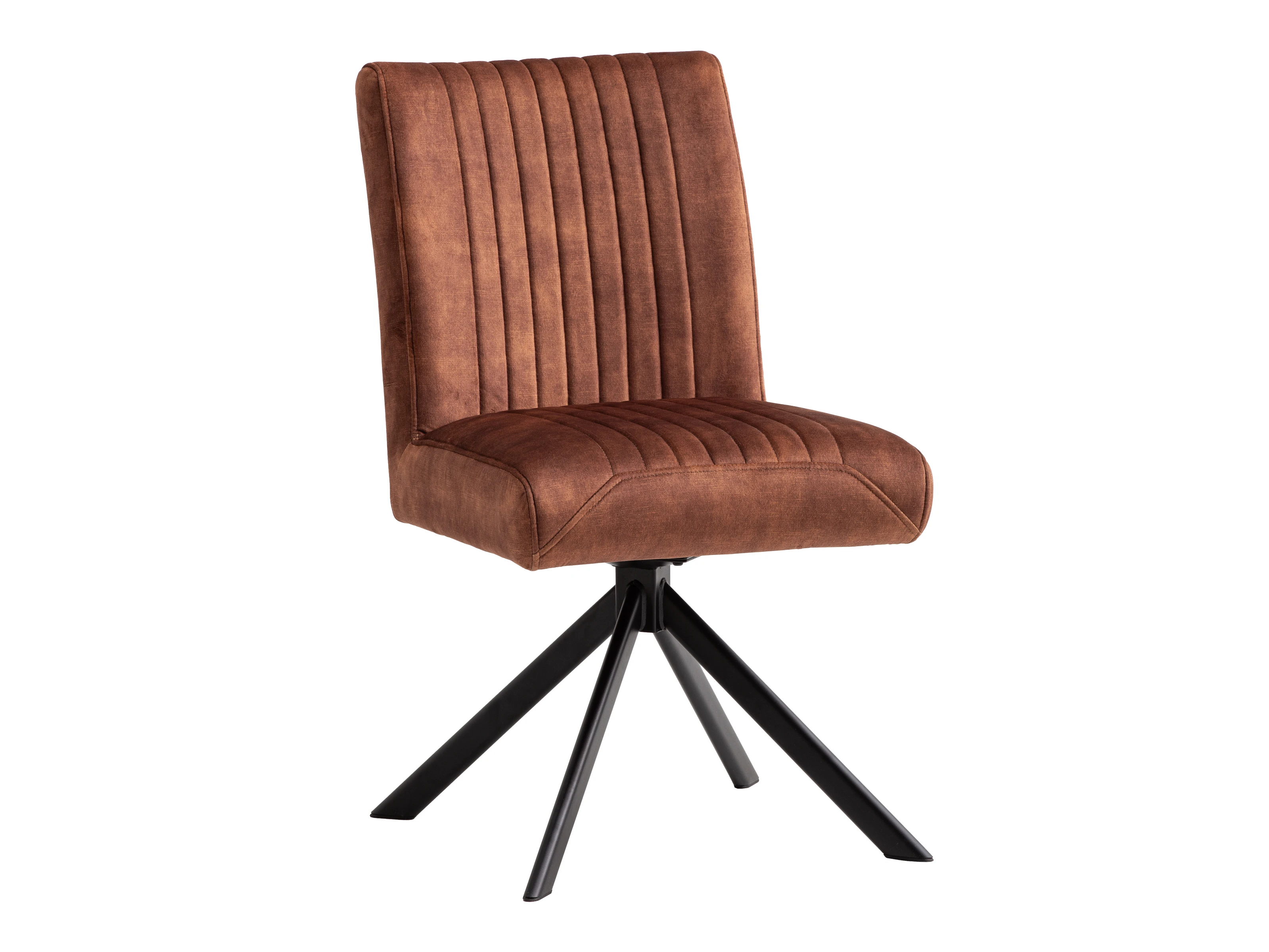 Freisteller 45°-Ansicht: Stuhl Canton braun, Polsterstuhl mit Polyesterbezug, Steppnähten und lackiertem Metallgestell.