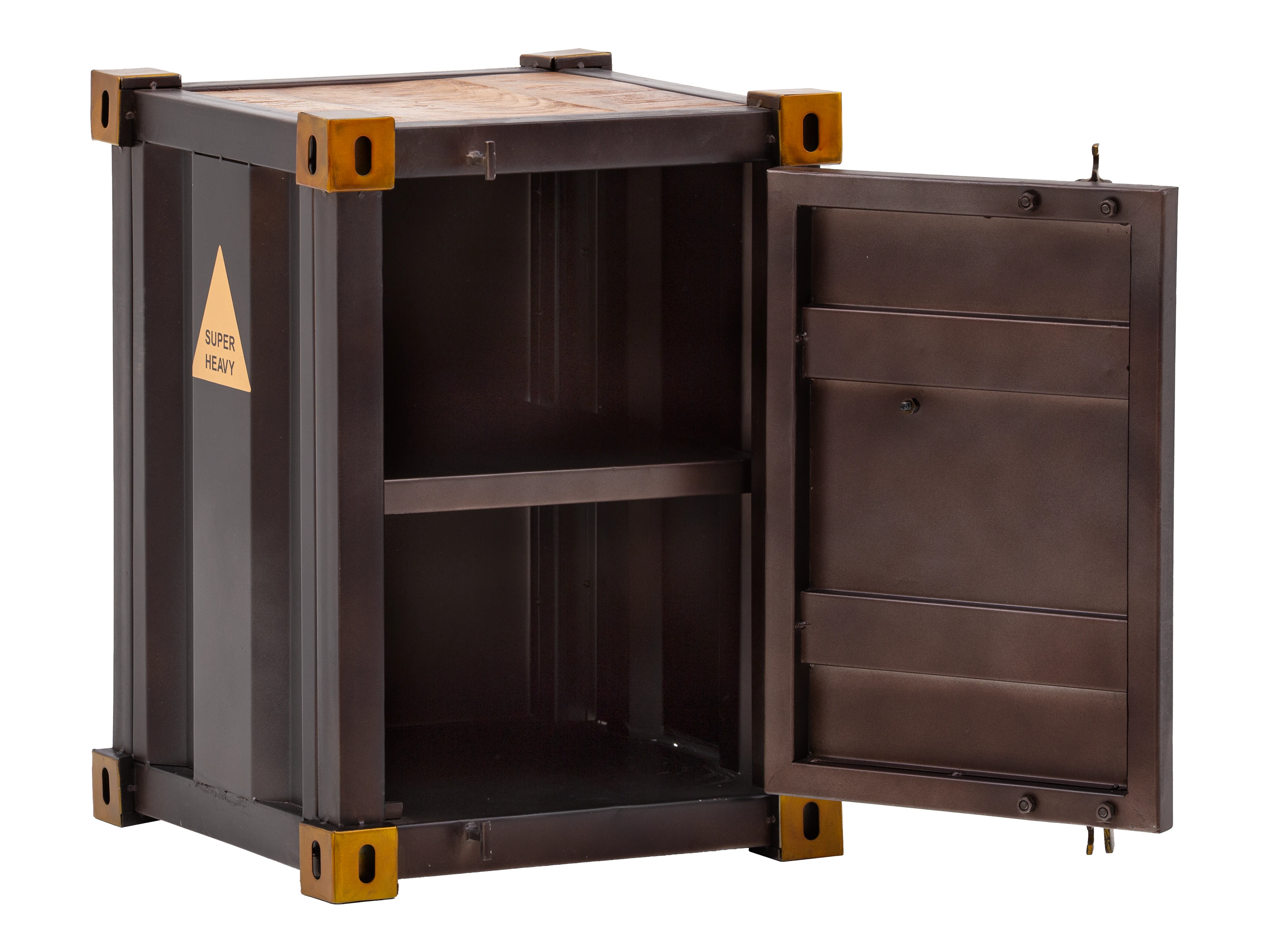 Freisteller, Frontansicht geöffnet: Beistelltisch Cargon (H56×B41×T41?cm) aus braun lackiertem Metall mit Mango-Holz-Oberfläche, rechte Tür, offenes Innenfach.