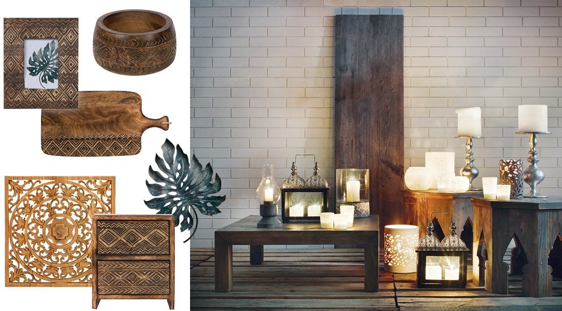 Collage im exotischen Wohnstil: dunkles Massivholz, Rattanmöbel, üppige Grünpflanzen, warme Erdtöne und natürliche Deko