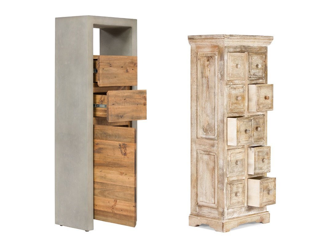 Säulenkommode in klassischem Holzdesign, mehrere Varianten in wohnlicher Szene mit säulenartigen Details und warmem Dekor