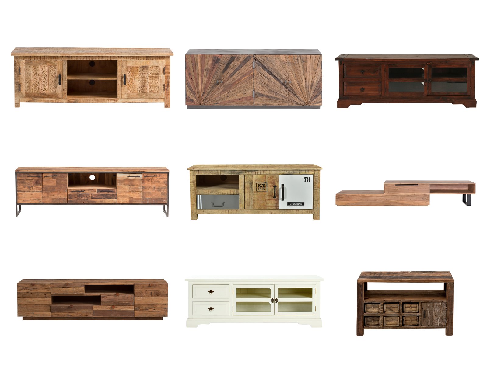 Collage verschiedener Fernsehunterschränke in Holz- und Weißlack-Optik, moderne bis rustikale Lowboards im gemütlichen Wohnambiente