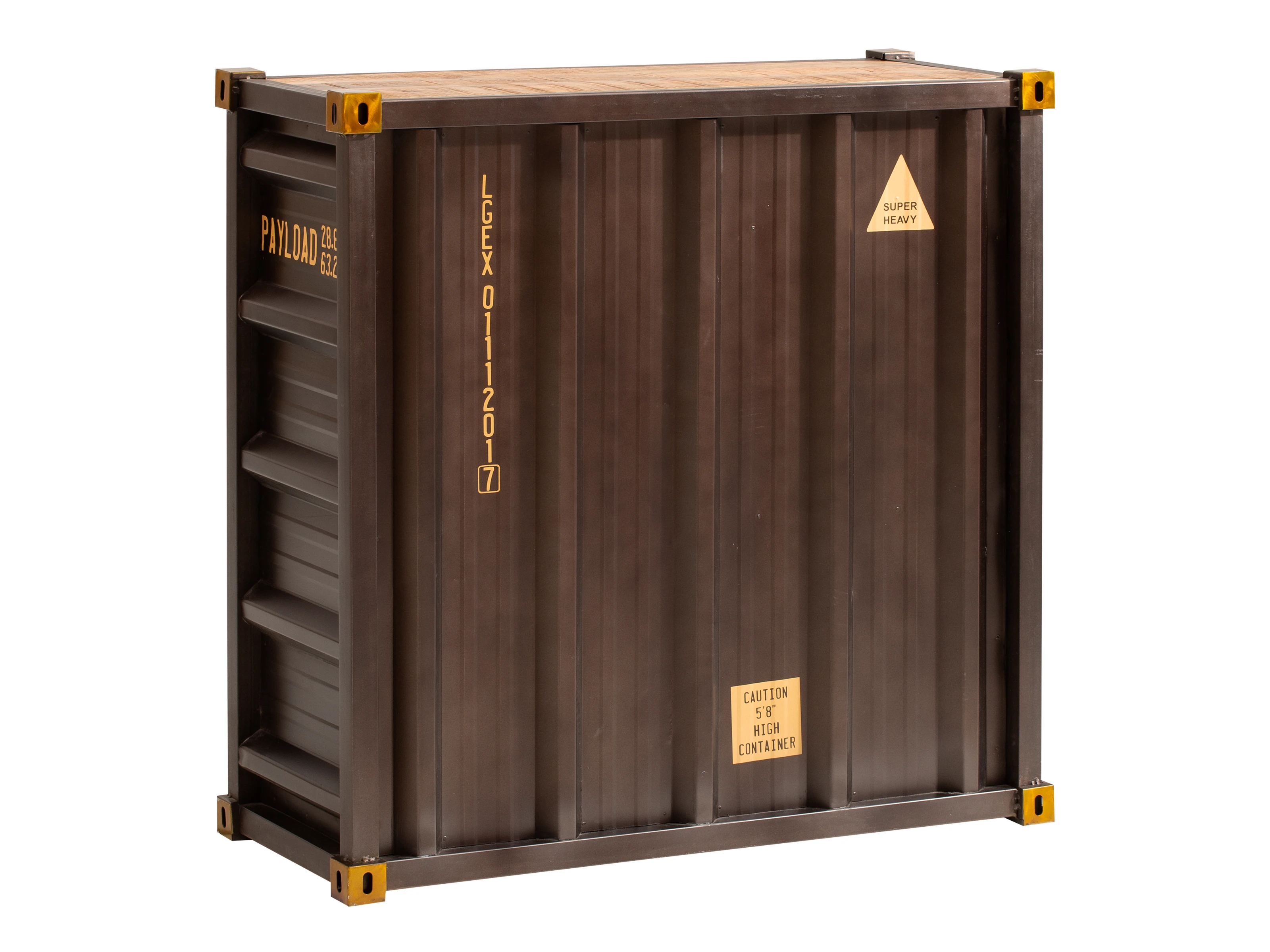 45°-Freisteller Bartresen Cargon (102×100×42 cm) im Containerlook mit Metallgestell, lackiertem Mangoholz und 1 Schublade