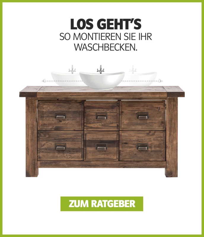 Moderner Waschtisch mit Aufsatzwaschbecken und kleinem Stoerer-Banner 'Ratgeber' in heller Holzoptik, minimalistisches Bad