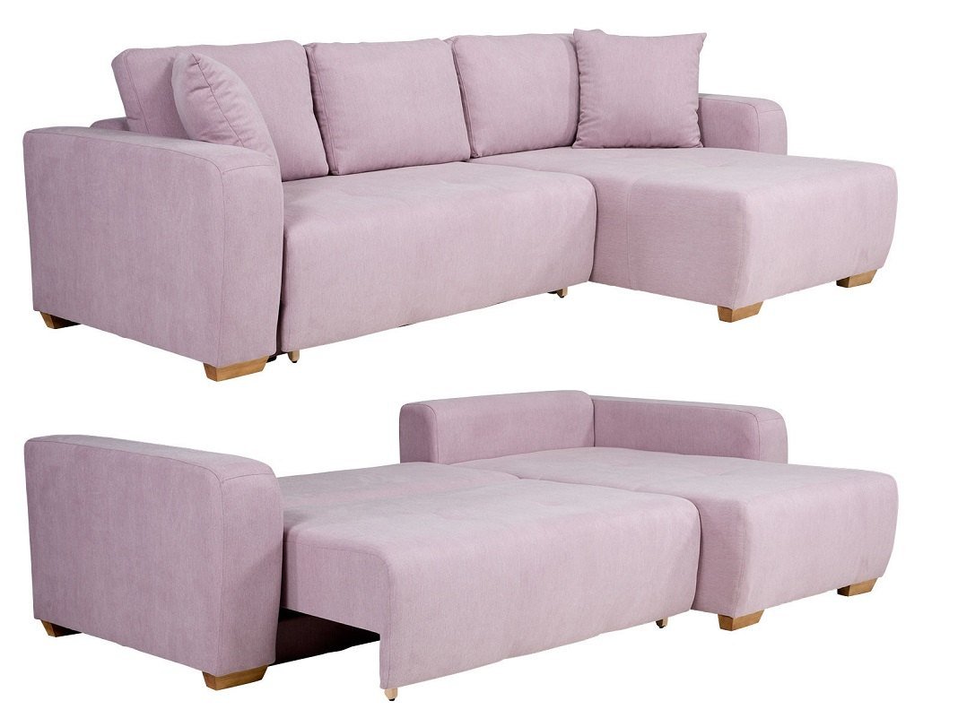 Modernes graues Schlafsofa zum Umklappen in hellem Wohnzimmer, Schlafcouch mit Holzbeinen im skandinavischen Stil