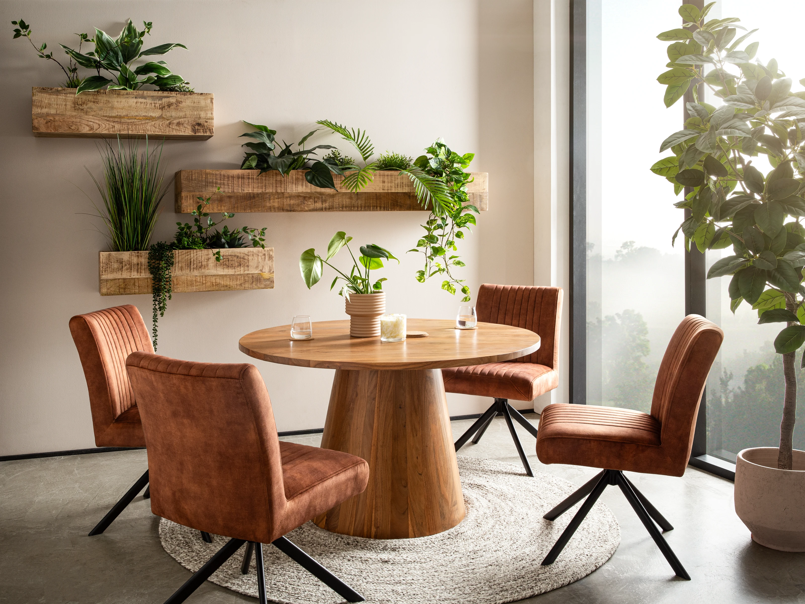 Wohnbeispiel: runder Massivholz-Esstisch mit 4 braunen Canton-Stühlen (45°-Ansicht) und Pflanzen-Deko