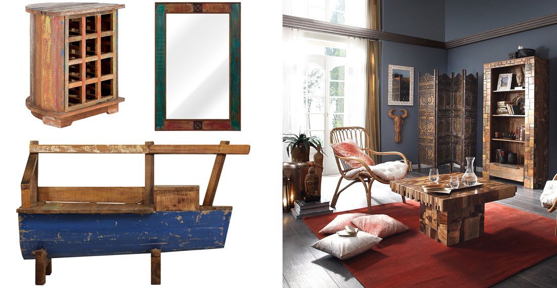 Exotische Wohnstil-Collage mit Möbeln und Dekor in warmen Erdtönen, Naturmaterialien und tropischen Pflanzen für ein entspanntes, natürliches Ambiente