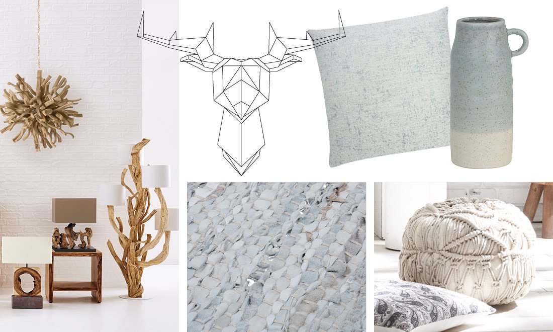 Collage skandinavischer Wohnstile mit hellem Holz, weißen Wänden, minimalistischen Möbeln, kuscheligen Textilien und Pflanzen