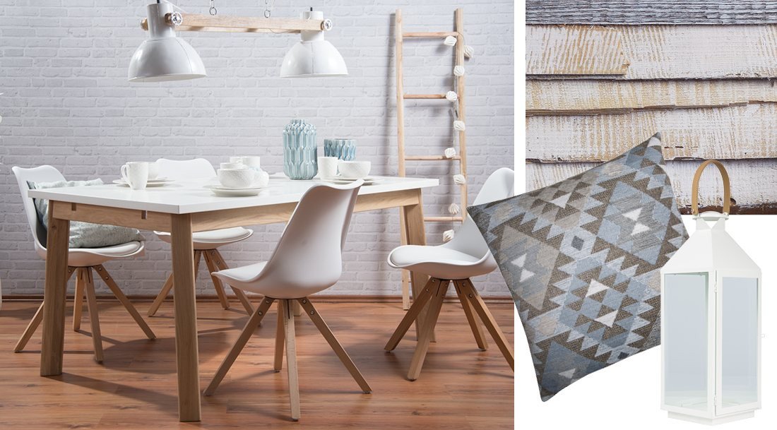 Skandinavischer Wohnstil-Collage: helle Holzmöbel, neutrale Farbtöne, gemütliche Textilien, Pflanzen und minimalistisches Design.