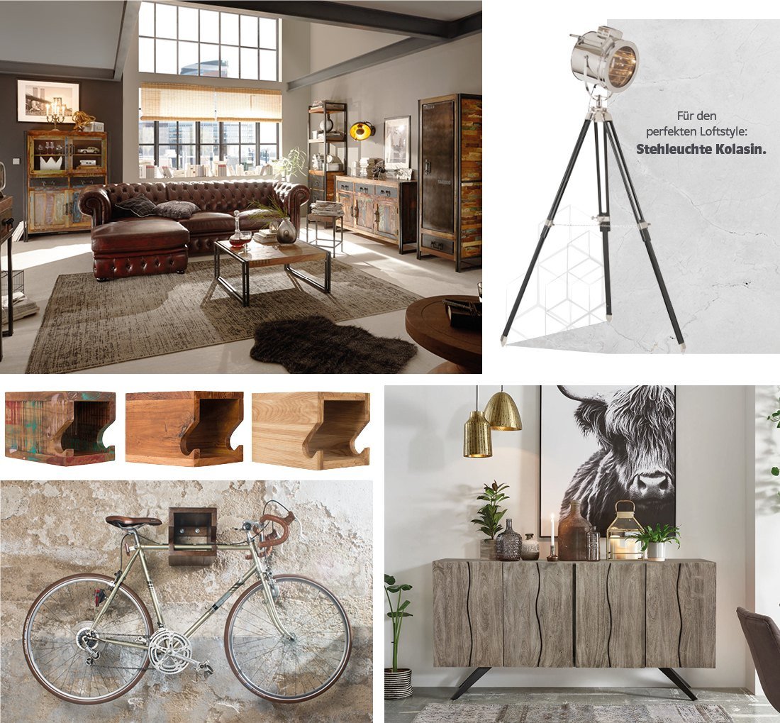 Loft-Wohnzimmer im Industrial-Stil mit grauem Sofa, rustikalem Holztisch, Metallregal, großen Fenstern und Zimmerpflanzen