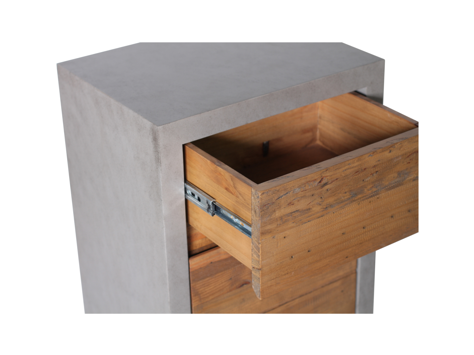 Bad-Unterschrank Burnham Freisteller 45°-Front mit geöffneter Schublade, recycelte Pinie/MDF, lackiert, grau, 45×89×35 cm