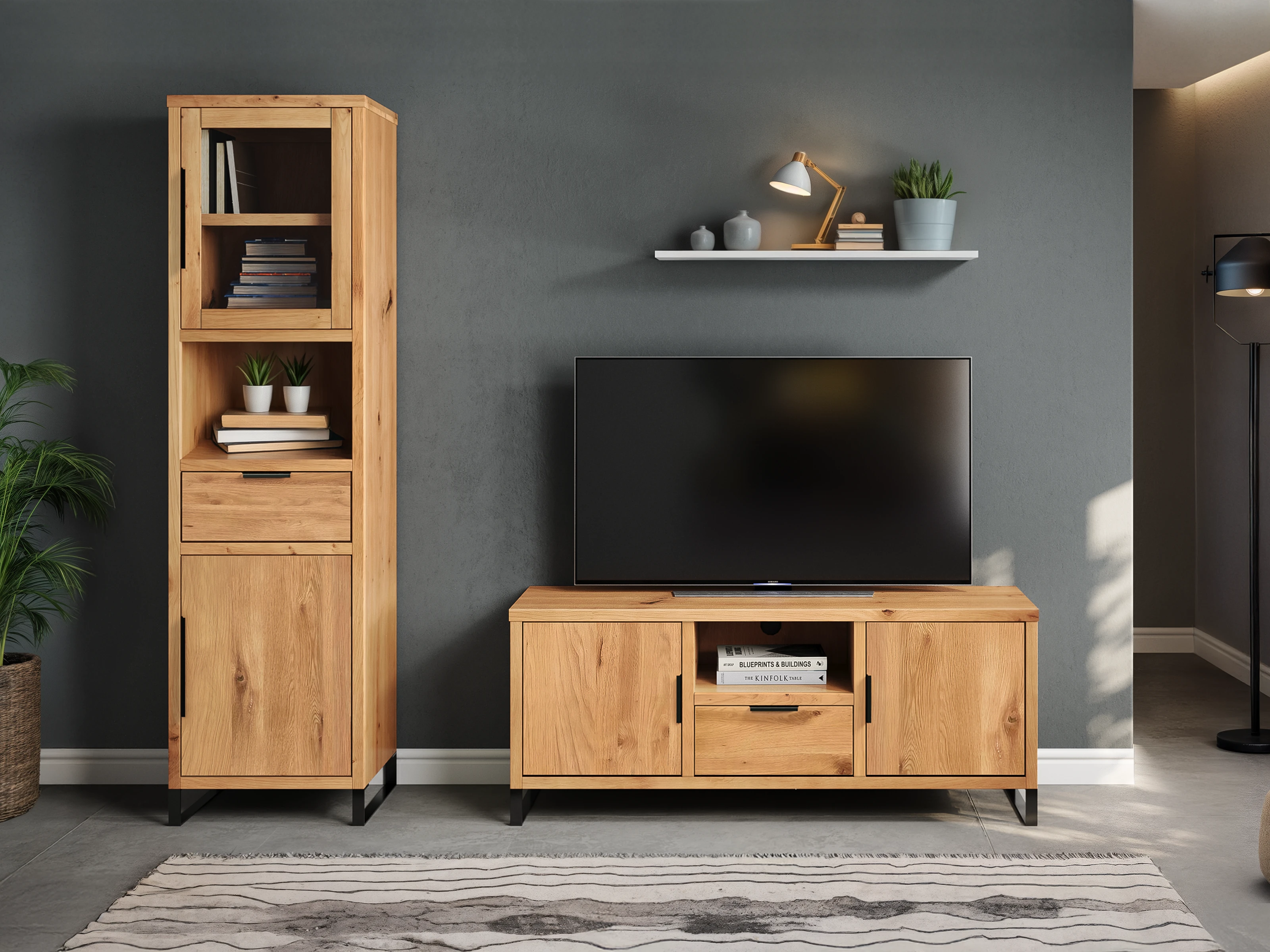 Wohnbeispiel: Wohnwand 2tlg. Sydney Wildeiche, geölte Wildeiche in Braun, Frontansicht TV-Board & Highboard.